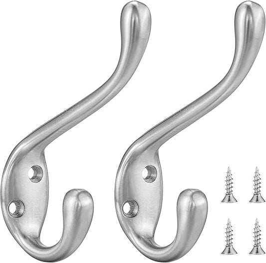 Coat Hooks 20 Pack - Heavy Duty Wall Mounted Brushed Nickel Double Hooks for Hanging Clothes/Towels - Sturdiness Design with Better Mounting System