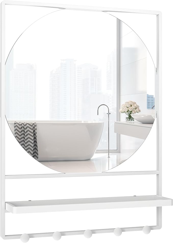 WONSTART 21" X 28" Wall Mirror with Shelf and Hooks,Entryway Mirror with Hooks, Metal Framed Bathroom Mirror with Shelf for Bathroom, Bedroom, Living Room (White, 21 x 28)