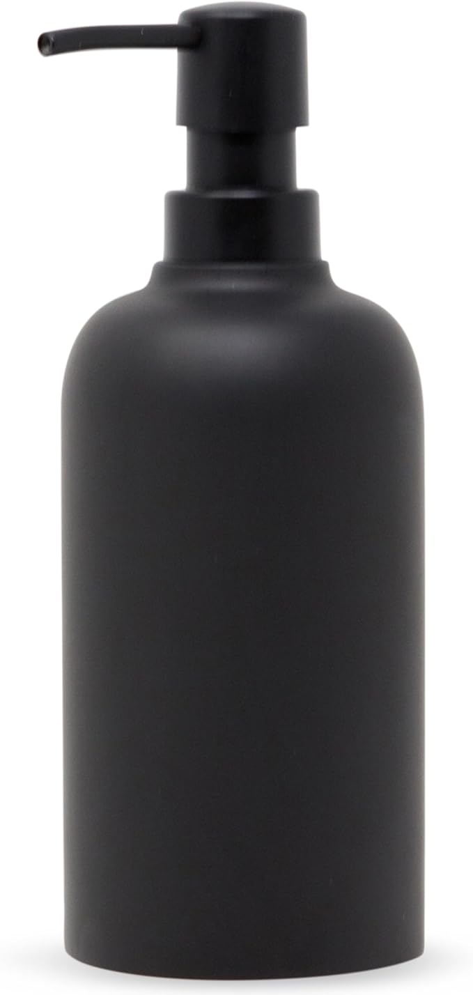 Matte Black Round Soap Dispenser for Kitchen & Bathroom – 15 oz Refillable Resin Pump Bottle for Dish Soap, Hand Soap, Shampoo, Conditioner – Modern Countertop Dispenser with Non-Slip Protective Pads