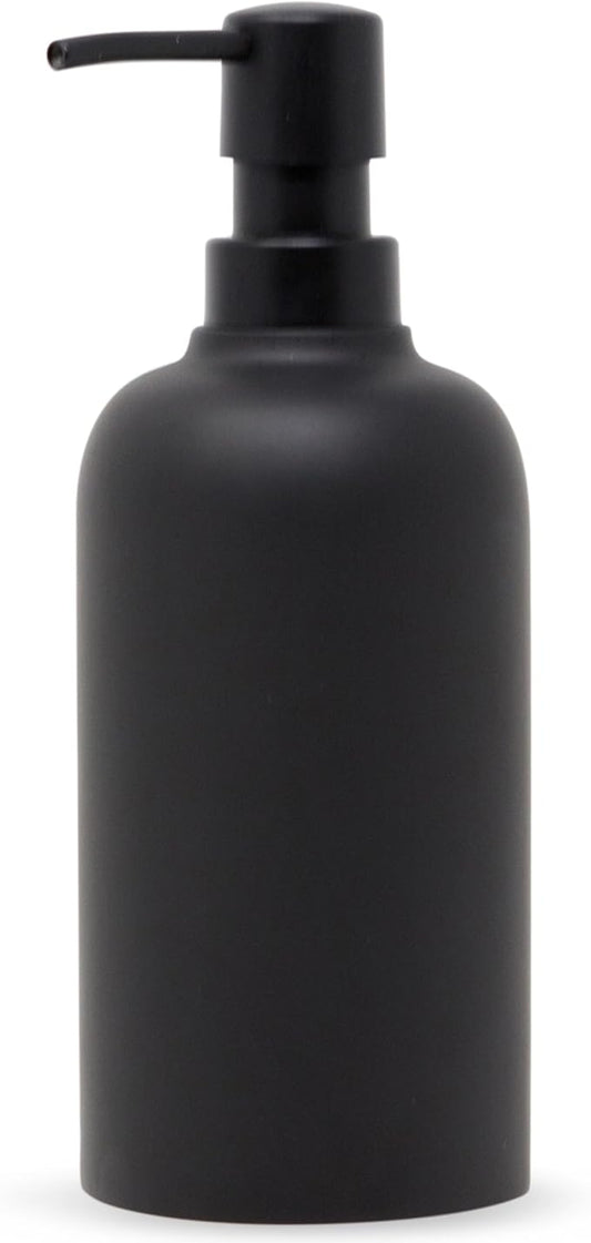 Matte Black Round Soap Dispenser for Kitchen & Bathroom – 15 oz Refillable Resin Pump Bottle for Dish Soap, Hand Soap, Shampoo, Conditioner – Modern Countertop Dispenser with Non-Slip Protective Pads