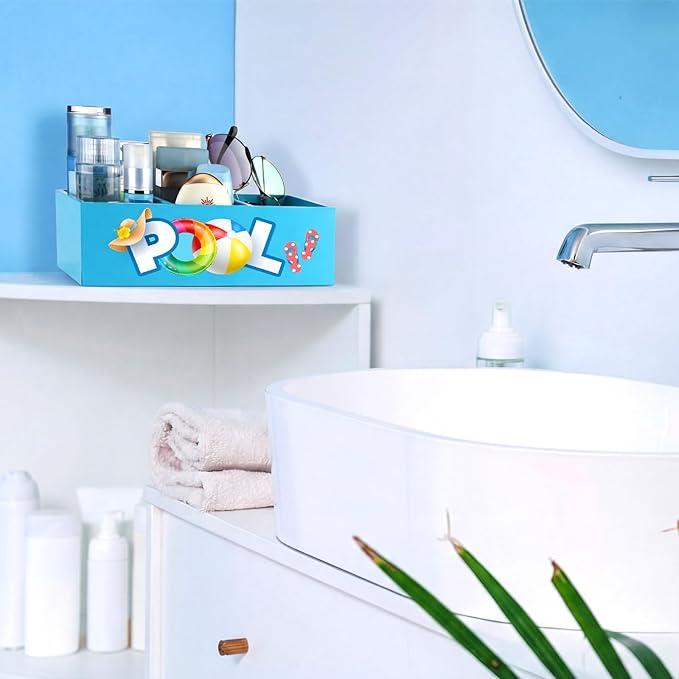 Pool Storage Basket Summer Swimming Pool Wooden Box with 3 Compartments Colorful Toilet Tank Tray for Indoor Outdoor Summer Beach Decor Sunblock Sunglasses Flip Flop Storage Box