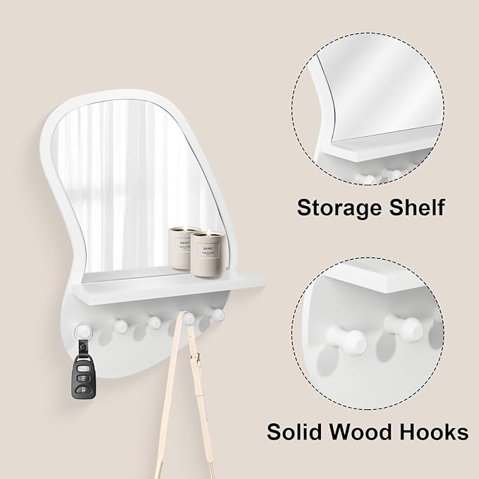 SANY DAYO HOME Wall Mount Wood Frame Irregular Mirror with 5 Wooden Hooks and Shelf, Modern Decorative Hanging Mirror for Entryway, Bedroom, Living Room (16″ x 12″, White)