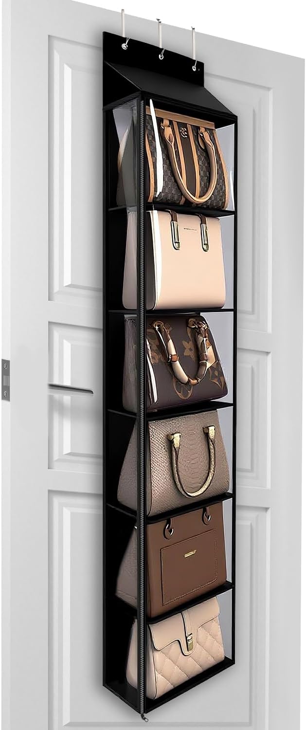 Lirex Over The Door Purse Organizer & Purse Shelf for Closet – Handbag Storage Organizer with Purse Hanger. Perfect for Scarves, Hats, and Leggings. L (15.7'' x 5.7'' x 68''), Black
