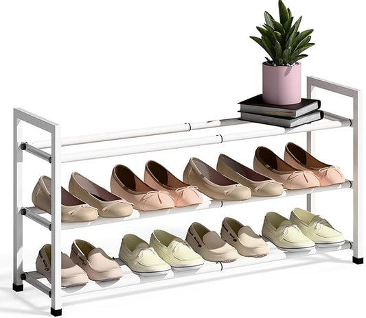 Bumusty 3-Tier Expandable Shoe Rack for Closet, 18“-33” Adjustable Shoe Rack for Small Space, Small Shoe Organizer for Front Door, Sturdy Metal, White