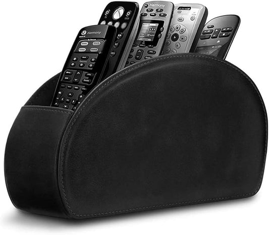 Leather Remote Control Holder with 5 Compartments TV Remote Caddy Storage Box/Tray,Desktop Organizer Store Controller,Glasses,Brush,Media Player,Pen,Space Saver for Bedside Table/Office Desk(Black)