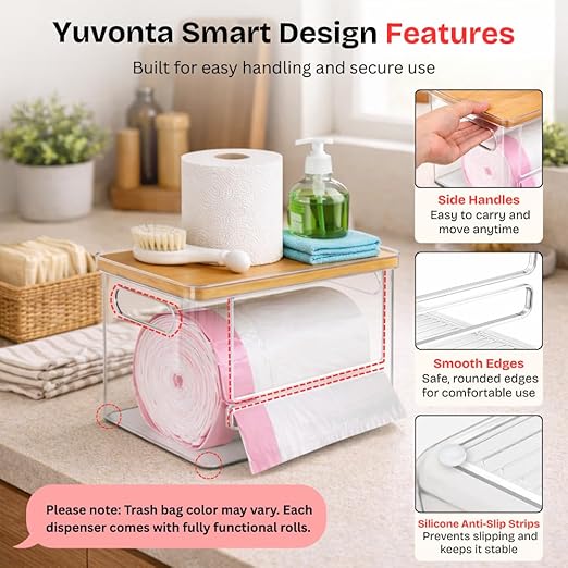 Trash Bag Dispenser with Front Opening, Stackable Garbage Bag Holder for Kitchen & Home, Fits 1 Gallon Bags, Includes Reusable Gloves, Adhesive Anti-Slip Pads & 15 Trash Bags–Large Organizer