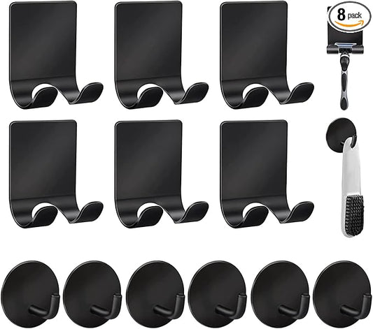 Diesisa Razor Holder 304 Stainless Steel for Shower + Adhesive Sticky Heavy Duty Waterproof Wall Hooks, Premium for Hanging Towels, Coat, hat (6+6 Pack) - Black