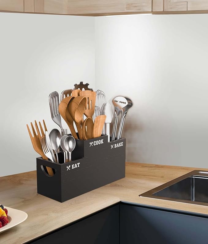 Livelab Utensil Holder with 3 Compartments, Wooden Utensil Holder for Kitchen Counter Decor, Vintage Farmhouse Cooking Flatware Countertop Organizer for Silverware Fork Spoon Spatula | Black