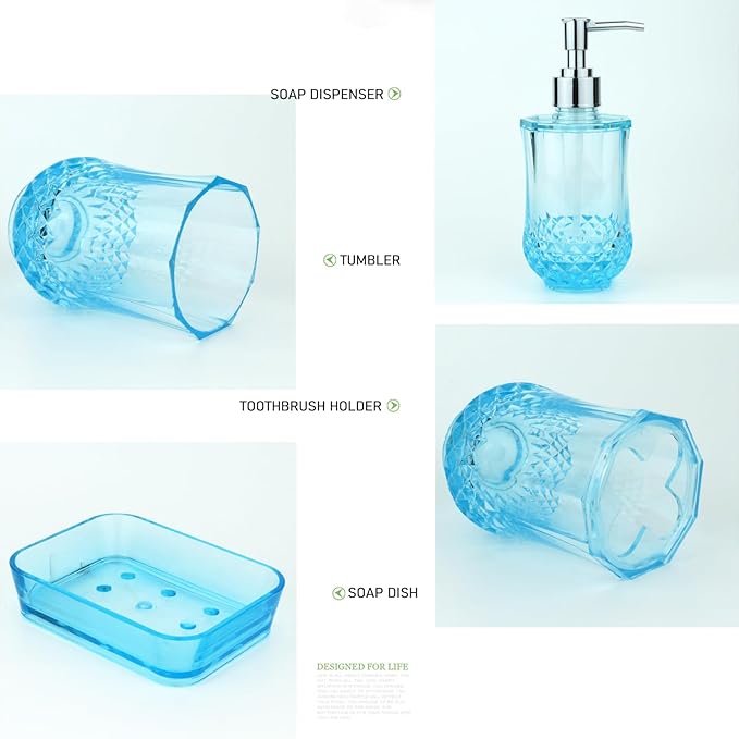 Bathroom Accessories Set of Acrylic Plastic soap Dispenser, Toothbrush Holder, Toothbrush Cup, soap Dish, Blue Bathroom Accessories 4pcs Set (Blue)