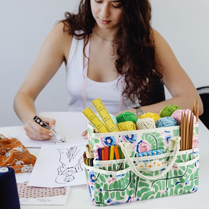 E-WEICHEN Craft Organizer Tote Bag Art Storage Caddy with Multiple Pockets Containers for Art,Craft,and Office Supplies Storage.Green Leaves Flower