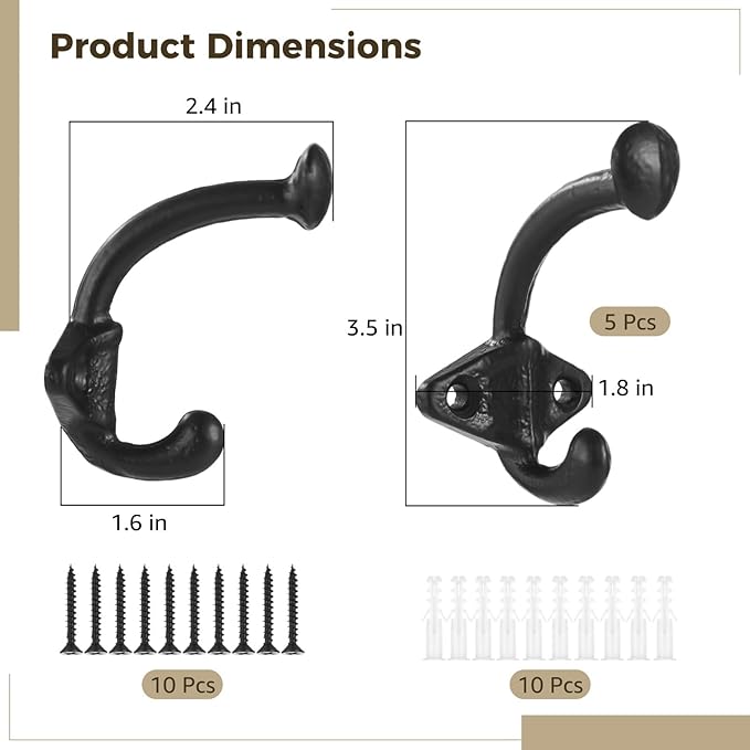 5 PCS Vintage Coat Hooks, Rustic Metal Wall Hooks, Farmhouse Wall Hangers with Screws, Black Iron Hooks for Coats Hats Bags Towels, Entryway Bathroom Kitchen