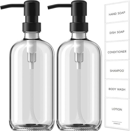 GMISUN Glass Soap Dispenser with Pump, 2 Pack Clear Bathroom Hand Soap Dispenser with Stainless Steel Pump, 17 Fl Oz Refillable Kitchen Hand and Dish Soap Dispensers Set, Modern Liquid Pump Bottles