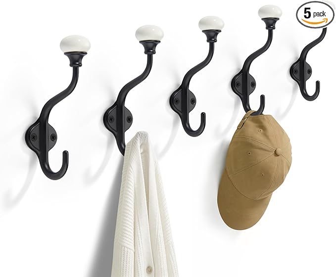TUNNY Coat Hooks - 5 Pack Matte Black Towel Hooks Robe Hooks Decorative Wall Hooks for Bathroom Bedroom Kitchen Towel Robe Clothes Cabinet Closet Bathroom Hardware