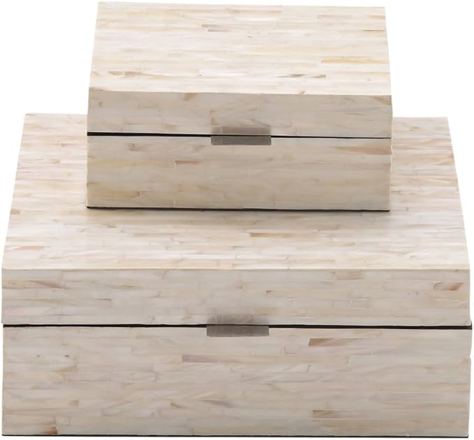 Deco 79 Mother of Pearl Shell Handmade Decorative Box Decorative Keepsake Boxes with Linear Mosaic Pattern and Hinged Lid, Set of 2 Storage Boxes 12", 8"W, White