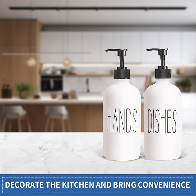 16 Oz Glass Soap Dispenser Set 2 Pack for Kitchen Sink,Contains Hand and Dish Soap Dispenser,White Kitchen Utensils