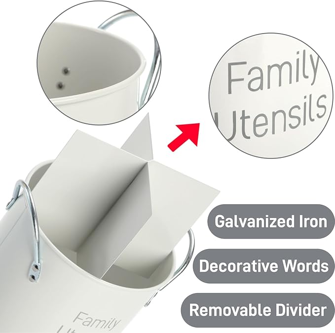 Vintage Utensil Holder, 4 Compartment Metal Silverware Caddy with Removable Divider, Rotating Spatula Crock for Countertop, White Cooking Utensil Organizer for Spoons Knives Forks