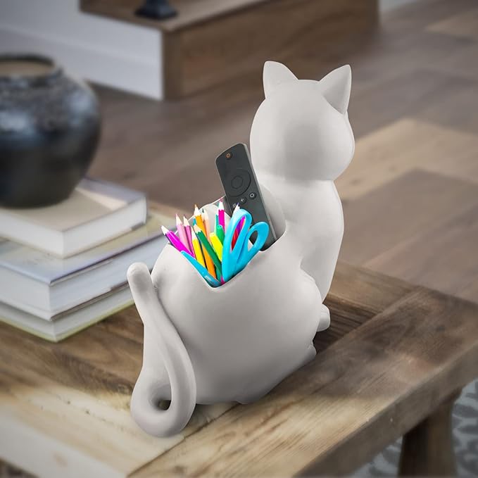 Cat TV Remote Caddy Fun & Durable Polyresin Organizer with 3 Compartments for Remotes, Eyeglasses, Office Supplies for Cat Lovers