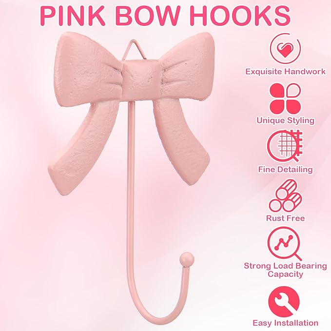 Geelin 4 Pcs Coquette Pink Bow Wall Hook Metal Decorative Bow Knot Door Hanger Rustic Coat Rack Towel Hook for Coat Hat Towel Multi-Purpose Bathroom Kitchen Living Room Home Decor