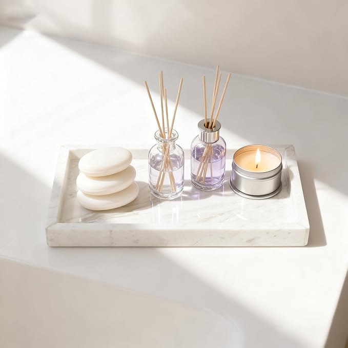 Natural Marble Vanity Bathroom Tray, 10" x 6.1" x 0.9" Not Plastic, Real Stone Home Decor Tray for Bathroom,Countertop,Kitchen, Sink Storage Holder Organizer for Soap Candles Perfume