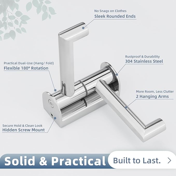 Polished Chrome Swivel Towel Hooks 2 Pack, 304 Stainless Steel Wall Mounted Foldable Double Coat Hooks, Max 11lbs Heavy Duty Bathroom Hand Towel Holders