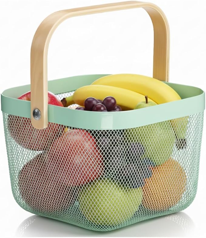 Mesh Steel Storage Organizer Basket Fruit Basket Bin with Wood Handle Ideal for Kitchen Bathroom Picnic Baskets Pantry Cabinets Storage Home Decor (Nebula Green)