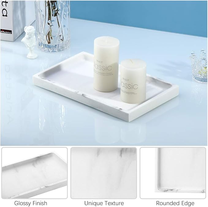 Emibele Bathroom Tray, Resin Countertop Vanity Tray Jewelry Storage Dresser Tray Kitchen Toilet Tank Tray Organizer for Candle Plant Perfume Shampoo Towel Home Decor, Medium, Gravel White