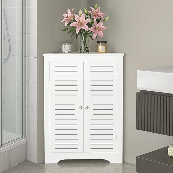 TuoxinEM Bathroom Corner Storage Cabinet, Floor Cabinet with 2 Doors, Freestanding Corner Organizer, Home Space Saver for Bathroom, Kitchen, Living Room (White)