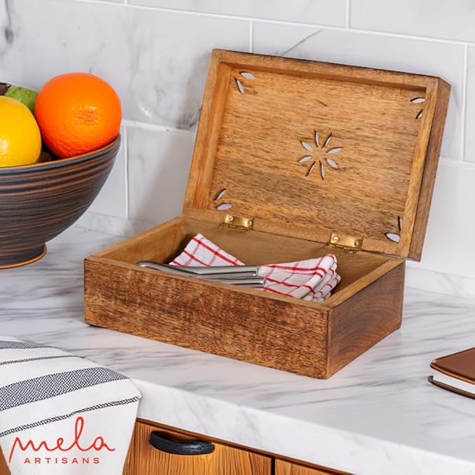 Mela Artisans Wooden Keepsake Box | Burnt Mango Wood Memory | Photo Storage Box with Hinged Lid | Decorative Storage Box | Extra Large | 10.5x7.5x4 Inch