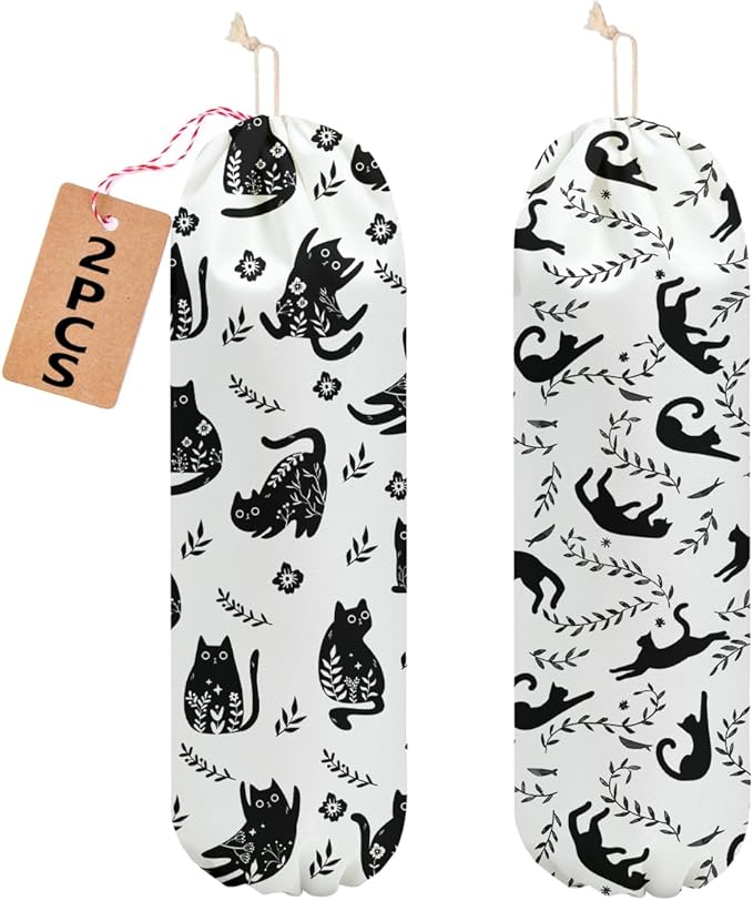 2 Pcs Cat Plastic Bag Holder, Floral Plastic Bag Holders for Grocery Bags, Reusable Large Grocery Bags Storage Dispenser for Home Kitchen Pantry Decor, Cute Cats Gifts for Women Mom Cat Lovers