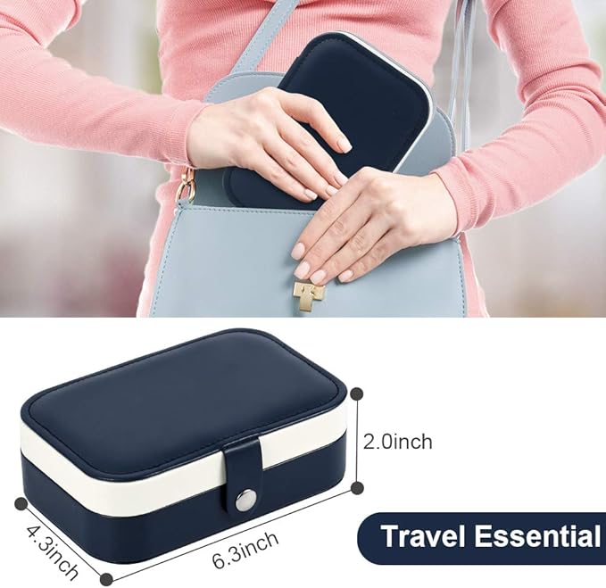 jiemei Jewelry Box, Travel Jewelry Organizer Cases with Doubel Layer for Women’s Necklace Earrings Rings and Travel Accessories (Dark Blue)