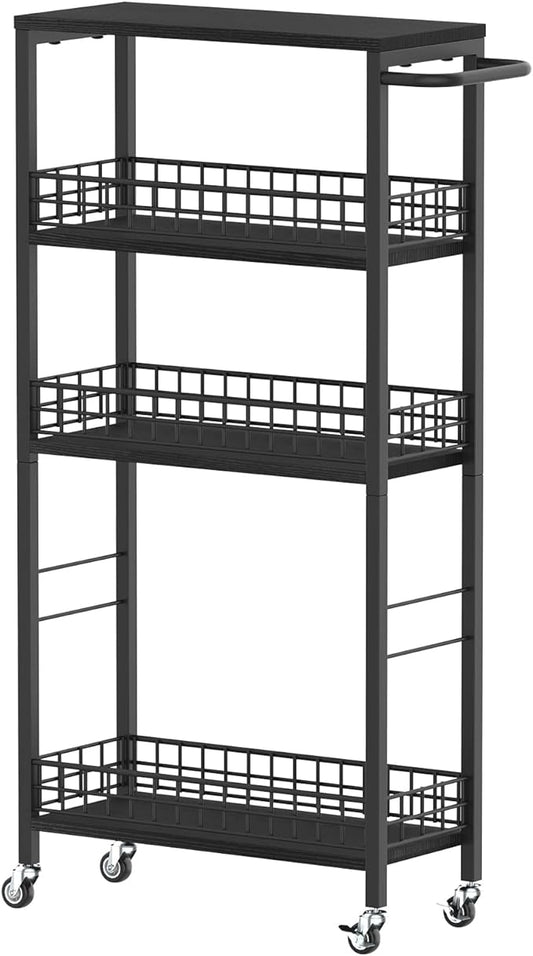 Slim Storage Cart 4 Tier Rolling Kitchen Cart Utility Serving Cart Laundry Room Narrow Cart with Handle Mobile Sheving Unit Organizer Wood Rolling Storage Cart for Bathroom Small Spaces, Modern Black