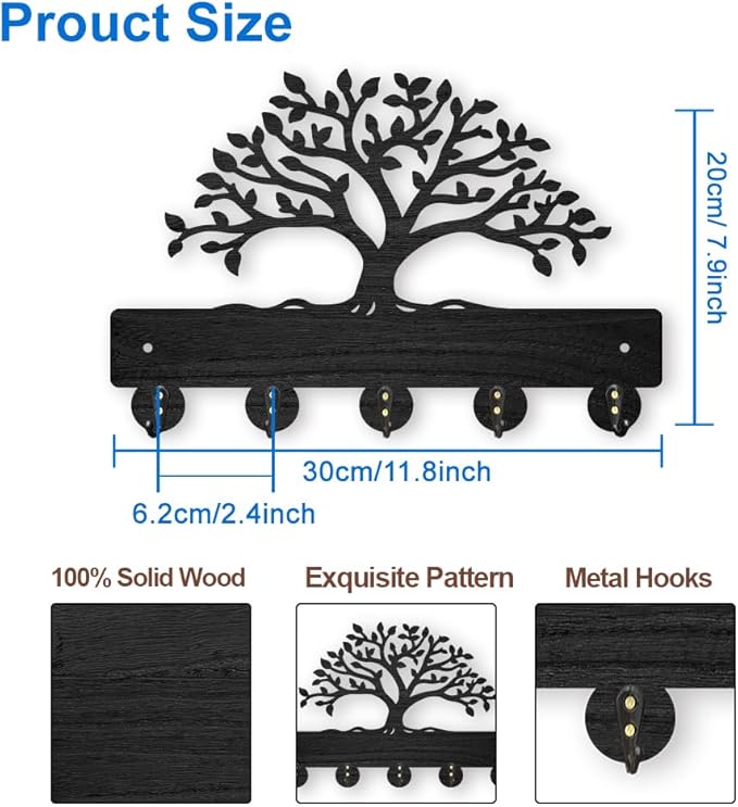MAYJOYDIY Tree of Life Coat Rack Wall Mount 11.8×7.9inch Lush Tree Key Holder for Wall Decorative Wood Black Key Rack Hanger 5 Alloy Hooks for Wall Art Decor Entryway Front Door Gift