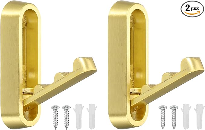uxcell 2Pcs Foldable Wall Hooks, Aluminum Alloy Heavy Duty Wall Mounted Folding Coat Hooks with Mounting Accessories Space-Saving for Hanging Coat Towels Hat Bags, Oval, Brushed Gold
