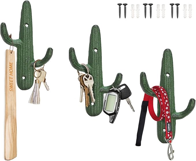 Comfify Set of 3 Hooks Cast Iron Cactus Double Wall Mounted Hooks/Hangers - Decorative Wall Mounted Hooks for Coats, Bags, Towels and More - w/Screws and Anchors Included - Rustic Green