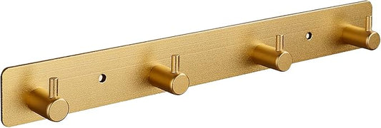 Adhesive Bathroom Gold Hook Rail, 4 Brushed Gold Wall Key Hooks Rack Hanger Towel Robe Stick Door Hooks for Bathroom Toilet Entryway Hallway Kitchen Wall Mounted