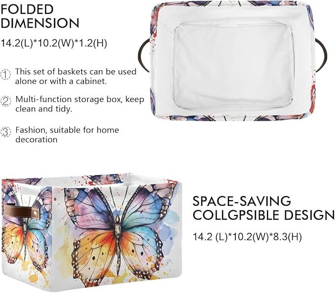 Storage Basket Watercolor Colored Butterfly Durable Canvas Collapsible Toy Box Organizer Bin with Handles for Shelf Closet Bedroom Home Office