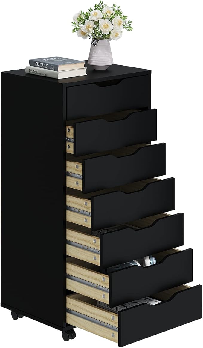 Panana 5/7 Drawer Chest, Wooden Tall Dresser Storage Dresser Cabinet with Wheels, Office Organization and Storage, Bedroom Furniture (Black, 7 Drawer)