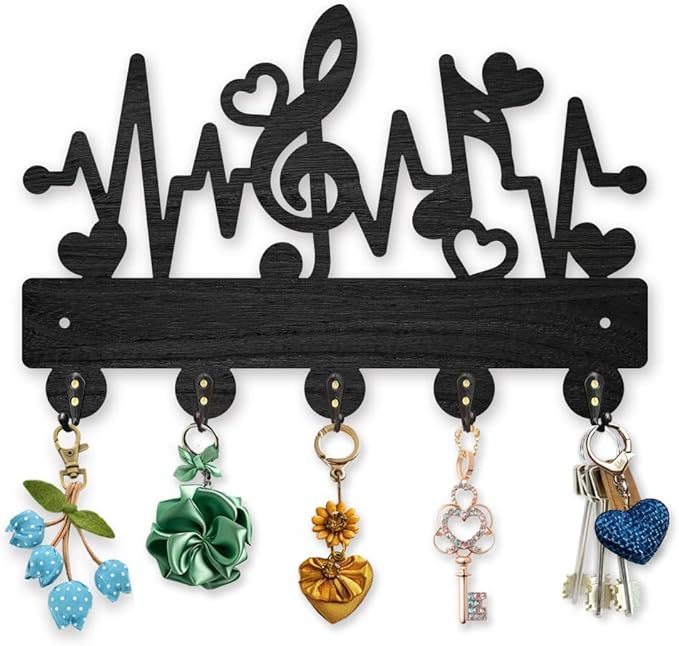 MAYJOYDIY Music Notes Wood Key Holder for Wall Love ECG Musical Wall Mounted Key Hooks 11.8×7.9inch Coat Hanger Rack with 5 Alloy Hooks for Entryway Front Door Kitchen Office Decoration