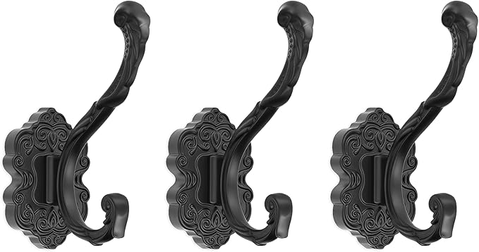 Vintage Coat Hooks Wall Mount, Unique Heavy Duty Wall Hooks for Hanging Towel Key Purse Hat Robe Clothes Decorative Hook for Bathroom Shower Closet Entryway Antique Black 3 Pack