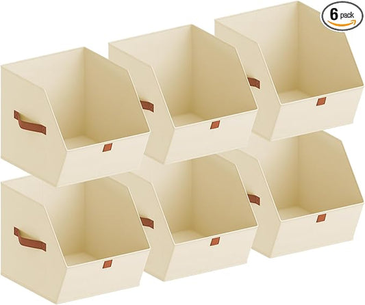 Fabric Closet Storage Cubes - 6 Pack Square Storage Bins with Dual Handles for Clothes, Towels, Toys, Cube Storage Organizers for Bedroom, Nursery, Shelves, Closet, Small Spaces, Beige