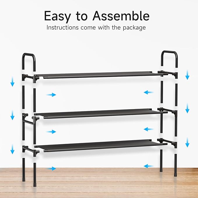 Long Shoe Rack for Closet - 3 Tier Shoe Organizer Storage for Entryway, Front Door Entrance, Metal Frame, Non-Woven Fabric Shelves, 10.8“ D x 40.2” W x 25.8” H