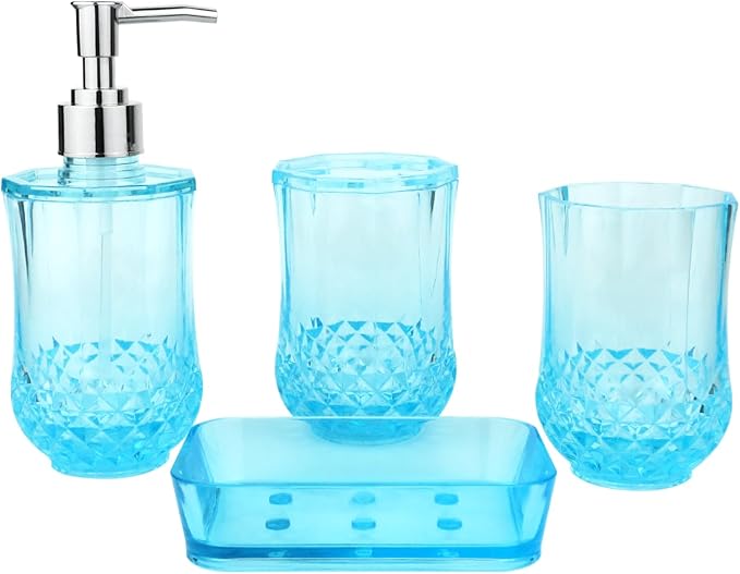 Bathroom Accessories Set of Acrylic Plastic soap Dispenser, Toothbrush Holder, Toothbrush Cup, soap Dish, Blue Bathroom Accessories 4pcs Set (Blue)