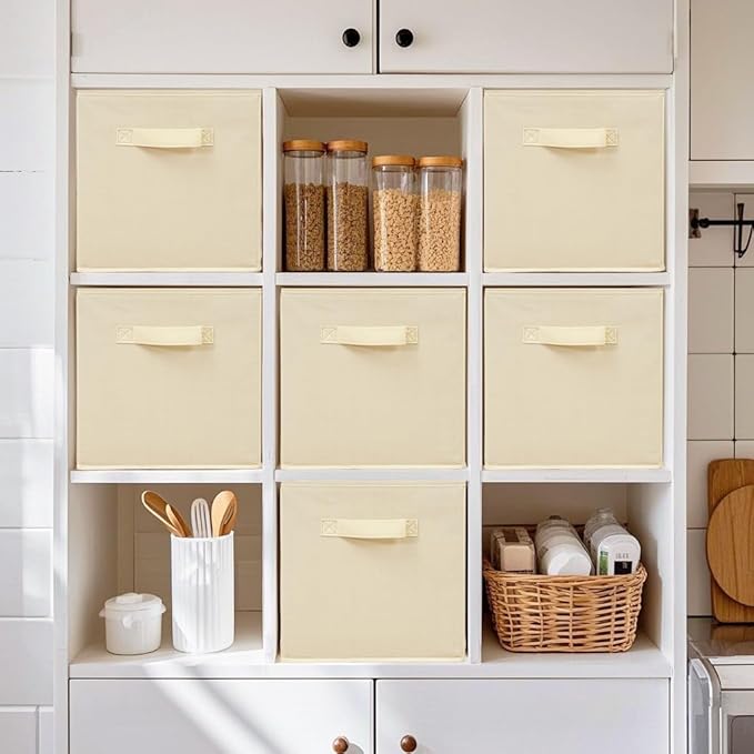 11 Inch Fabric Storage Cubes, Sturdy Foldable Storage Bins, Heavy Duty Cube Organizer for Clothes, Blankets, Shelves, Closets, Bedroom, Living Room, Beige, 3 Pack