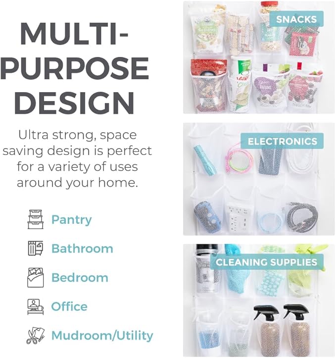 HOME GENIE Over the Door Hanging Shoe Organizer, 2 Pack, 24 Breathable Mesh Pockets, Closet Rack Storage Holder Stay in Place Hooks Hang on Closets, Hanger Holds Up to 40 lbs, Shoes, Accessories White