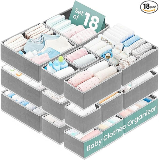 RFAQK 18 Pack Drawer Organizer Clothes-3 Sizes Dresser Organizer for Underwear Closet, Baby Clothes Organizer for Wardrobe-Foldable Fabric Drawer Dividers for Bedroom,Lingerie,Undies,Bra-Grey