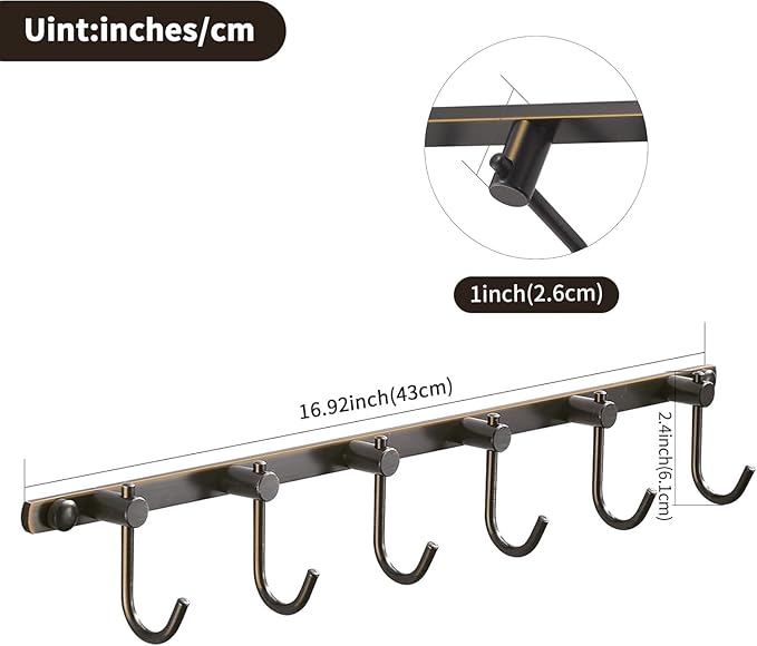 WINCASE Bronze Towel Hooks, Bathroom Rail Hook Rack Wall Mounted, Antique Oil Rubbed Brass Cloth Coat Rack with 6 Hooks Farmhouse