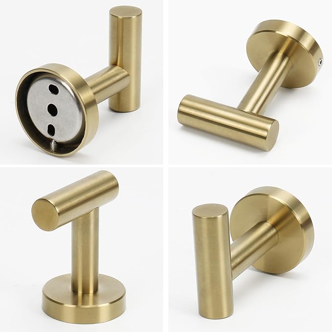 NearMoon Bath Towel Hooks- SUS 304 Stainless Steel Robe Hook Holder, Heavy Duty Coat Hook for Bathroom Livingroom Hotel Kitchen Garage, Wall Mounted (Brushed Gold, 3 Pack)