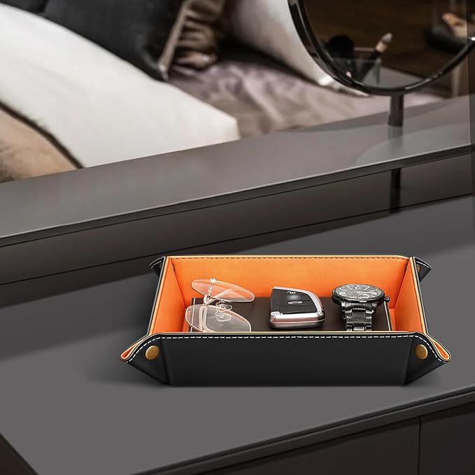 SITHON Valet Tray Desktop Storage Organizer â Premium PU Leather Catchall Bedside Vanity Tray Nightstand Caddy Holder for Remote Controller, Keys, Phone, Wallet, Coin, Jewelry (Orange)