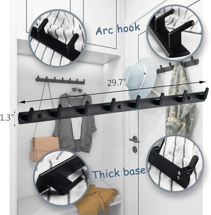 Wall Mounted Coat Racks with 8 Hooks Hanging Holder Towel Rack 29.7"x1.3" Modern Black Hanging for Clothes Entryway Bathroom (8 Hooks)