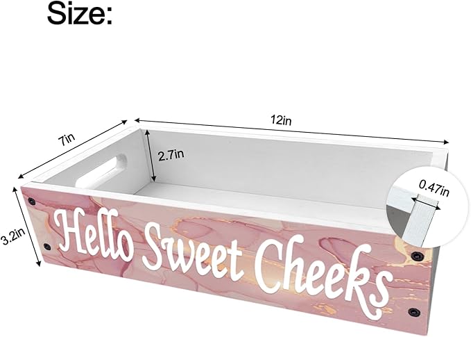Lnond Rustic Bathroom Decor Box,Toilet Tank Tray Storage Basket, Hello Sweet Cheeks Bathroom Wooden Toilet Paper Basket with Handle (Pink Gold Marble)